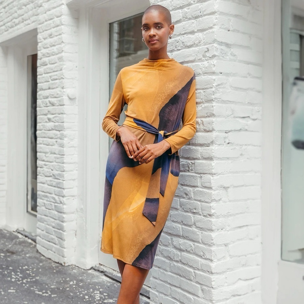Clara Sunwoo Sun Woo Tie Waist Pocket Midi Dress Tan Watercolor Size XL 16 NWT
